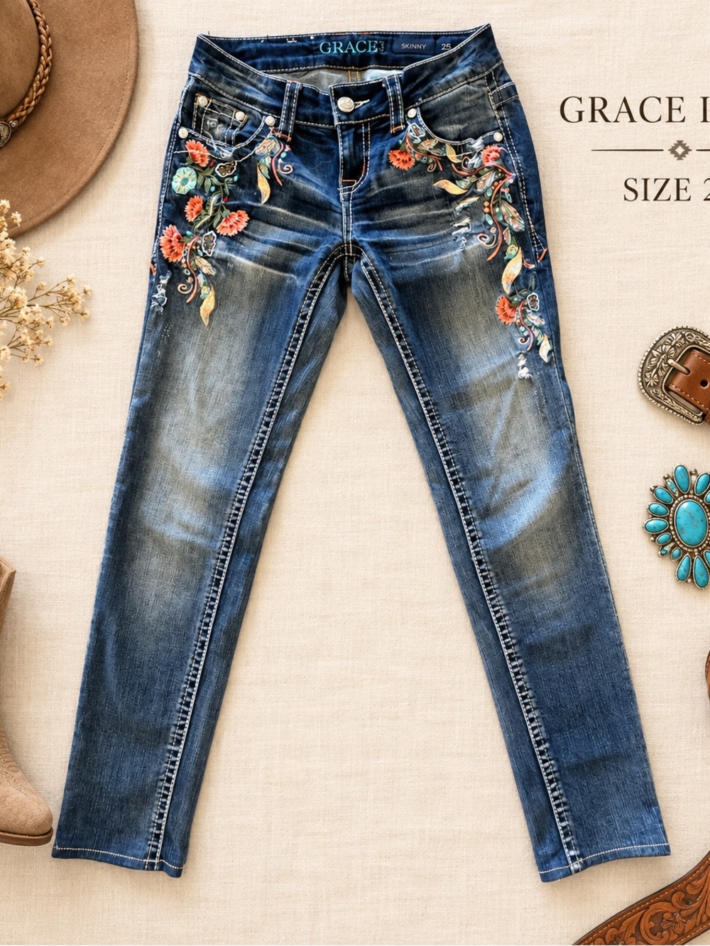 Grace in LA Floral Embroidered Skinny Jeans Size 25 Western Y2K
